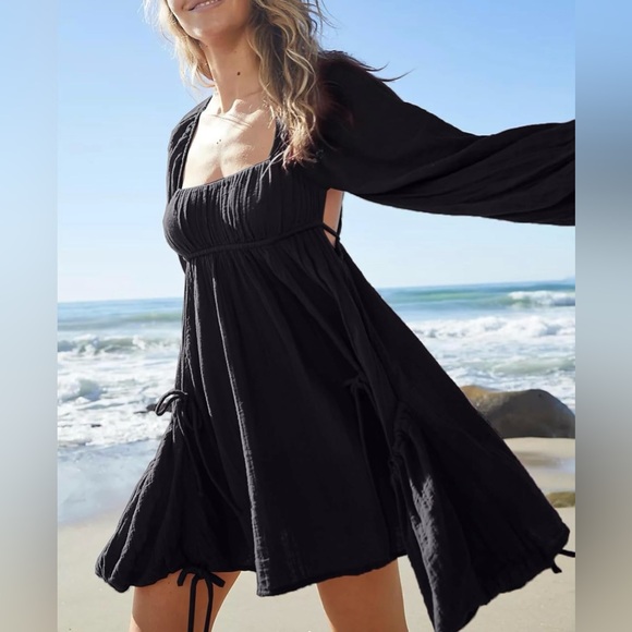 Mini Dress Casual Square Neck Long Sleeves Loose Sundress with Pockets XL - Picture 2 of 7